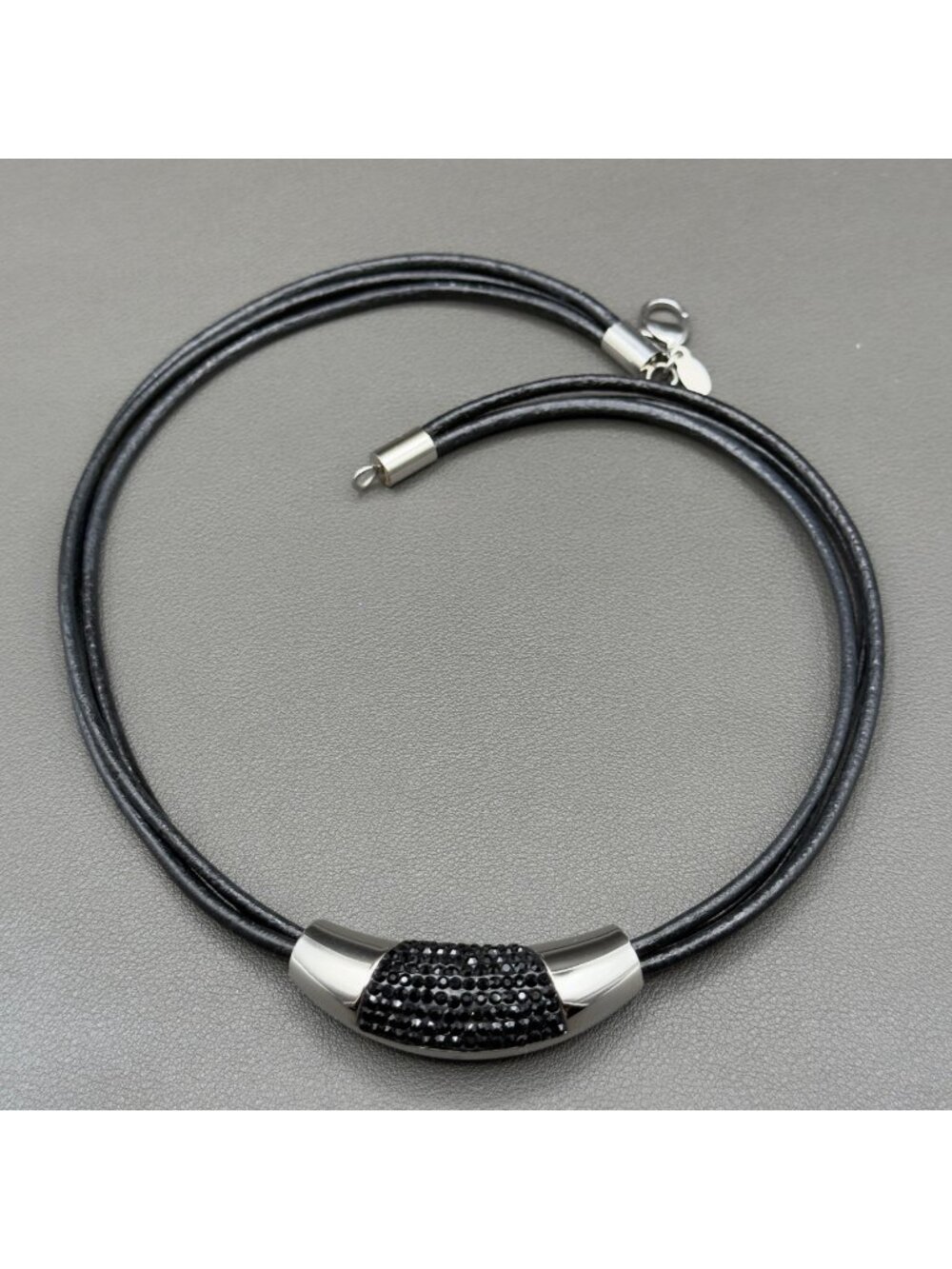 Milor Crystal Black Necklace Multi Strand Cord Silver Tone 20"